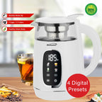 Brentwood KT-2018W 1.7L 1100W Cordless Digital Glass Electric Kettle - White, Stainless Tea Infuser with 4 Presets and Keep Warm