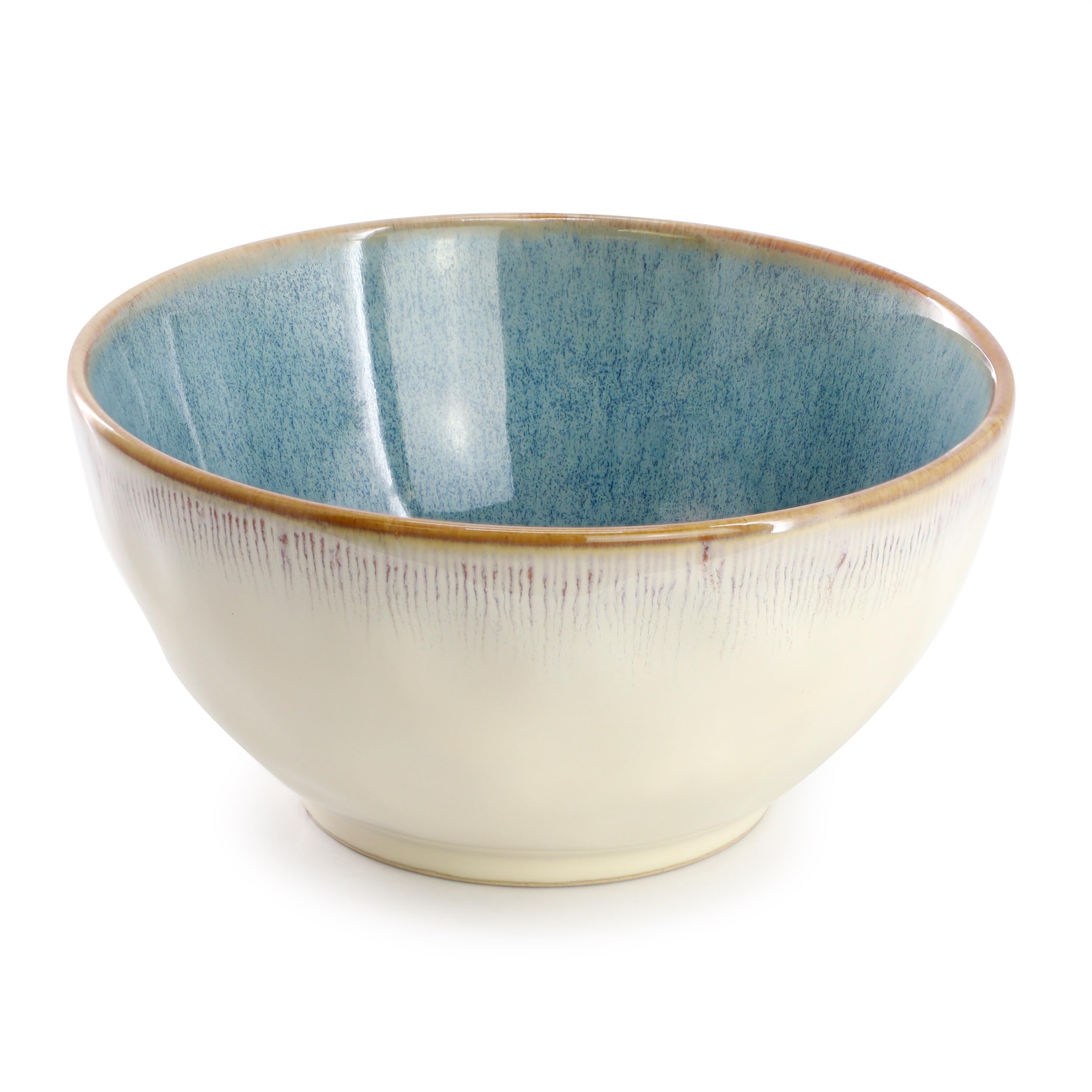 Elama Leann 16-Piece Stoneware Dinnerware Set – Textured Blue & Beige with Brown Color-Rim, Service for 4