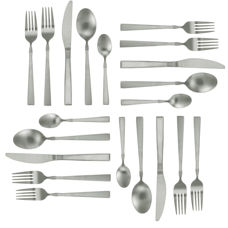 All 20 pieces of the Cravat stainless steel flatware set for 4 laid out