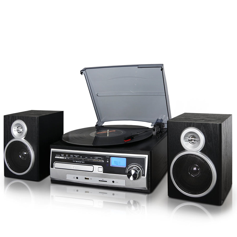 Trexonic 3-Speed Bluetooth Turntable Record Player with CD, FM Radio, USB/SD Recording & Wired Shelf Speakers