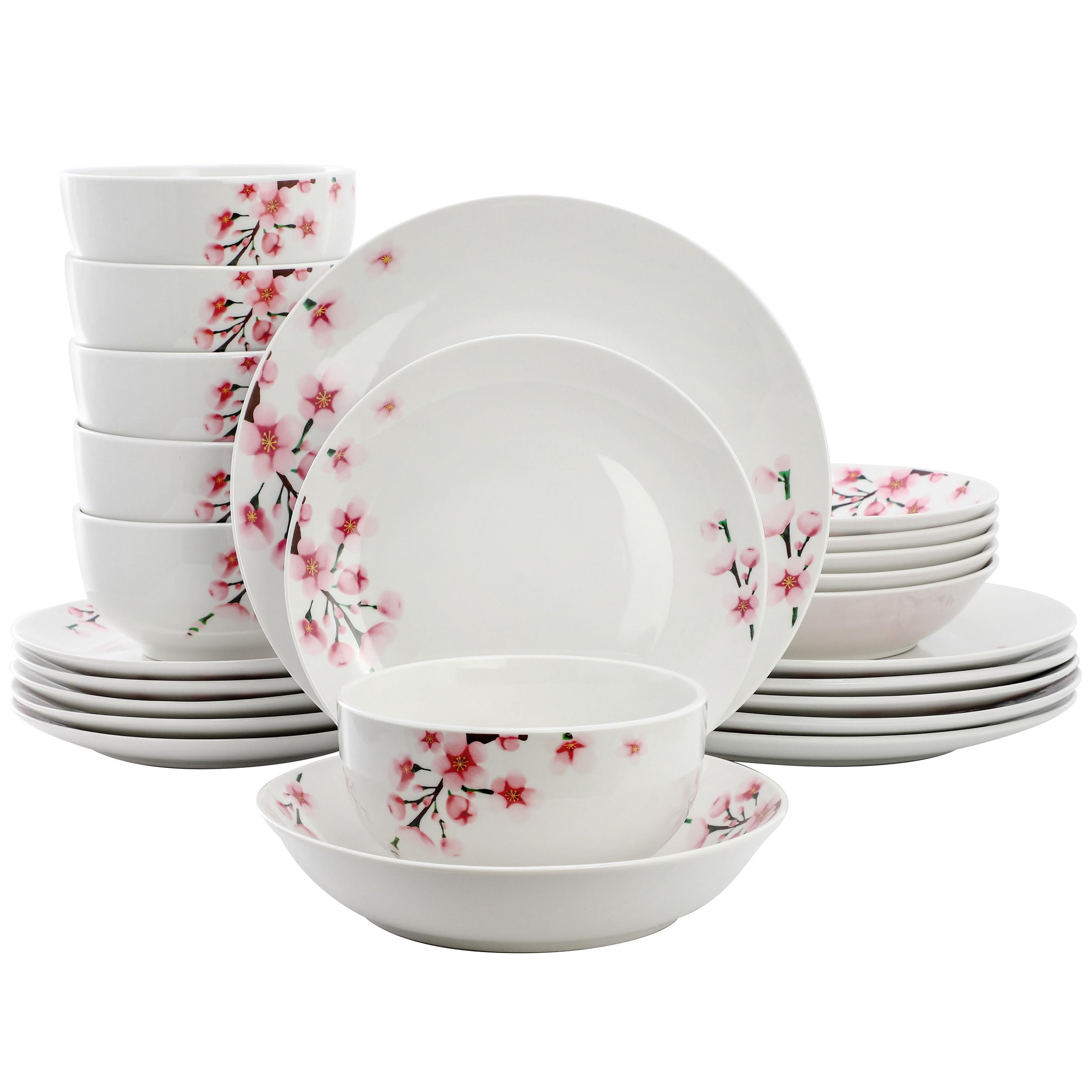 Elama Tamara 24-Piece Cherry Blossom Porcelain Dinnerware Set – White & Pink Service for 6