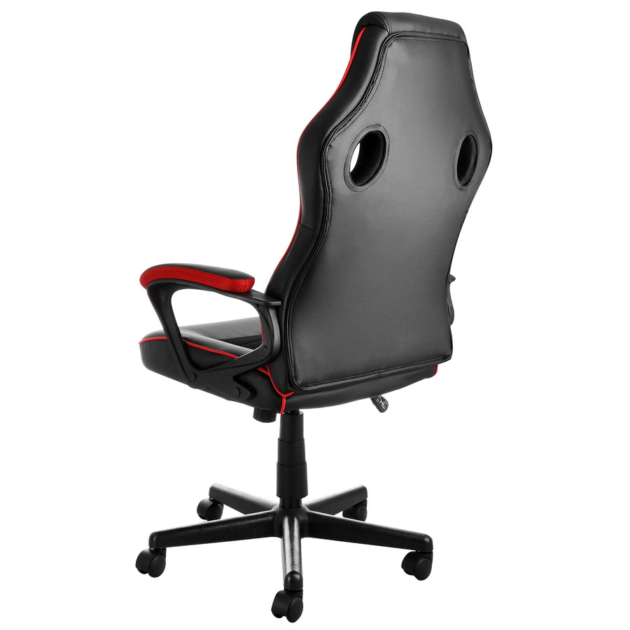 Elama black and red high back office chair, back three-quarter view showing the ventilation cutouts and five-star base