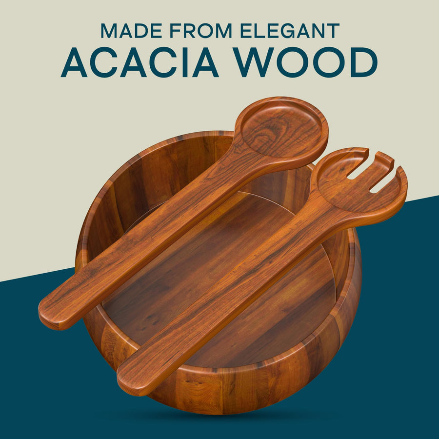 Top view of the empty Laroda acacia wood salad bowl with the serving spoon and slotted fork laid across the rim