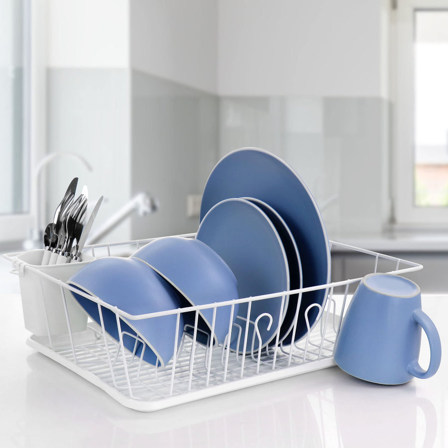 Megachef 14-Plate Single-Level Dish Rack with Utensil Holder, White