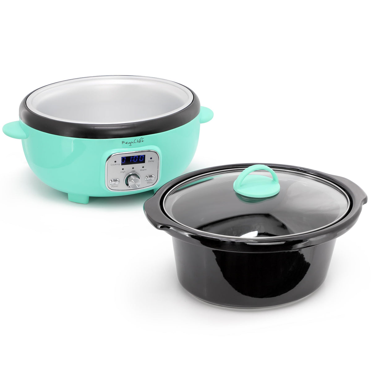 MegaChef Oval Electric Slow Cooker with Removable Ceramic Crock, 3.7 Qt, Digital Panel, Turquoise