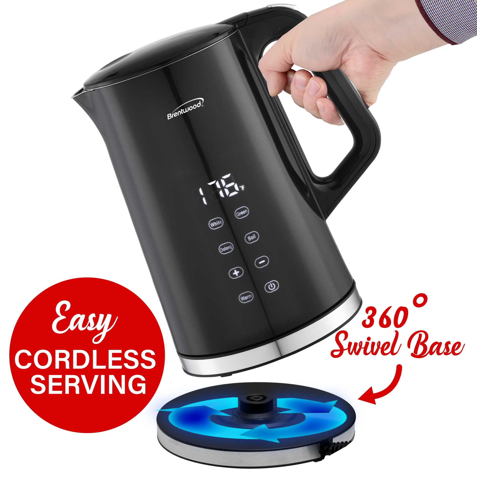 Brentwood KT-2015DBK 1.7L 1100W Digital Cool-Touch Electric Kettle - Black, 13 Temperature Settings