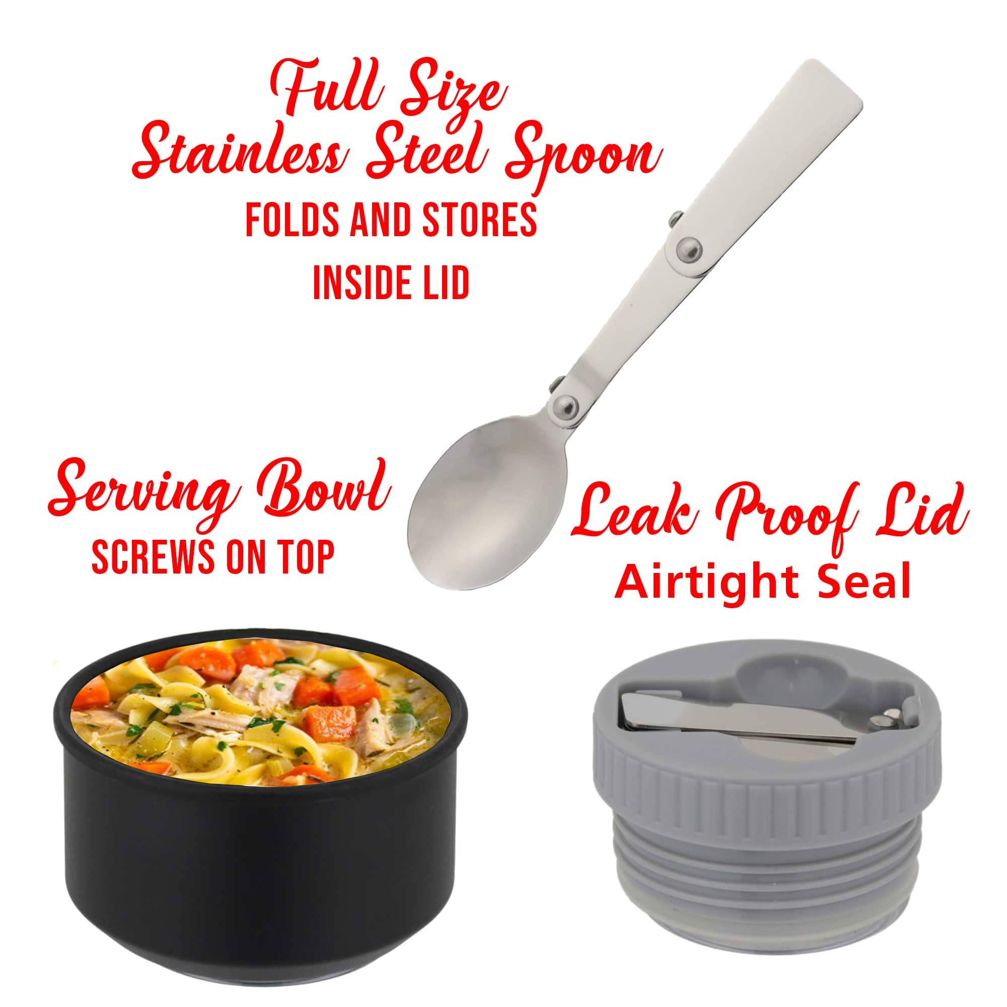 Brentwood GeoJug 17 oz Insulated Stainless Steel Food Jar with Bowl and Folding Spoon, Black