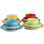 Elama Mason 12-Piece Double Bowl Stoneware Dinnerware Set – Assorted Yellow, Turquoise, Lime & Red (Service for 4)