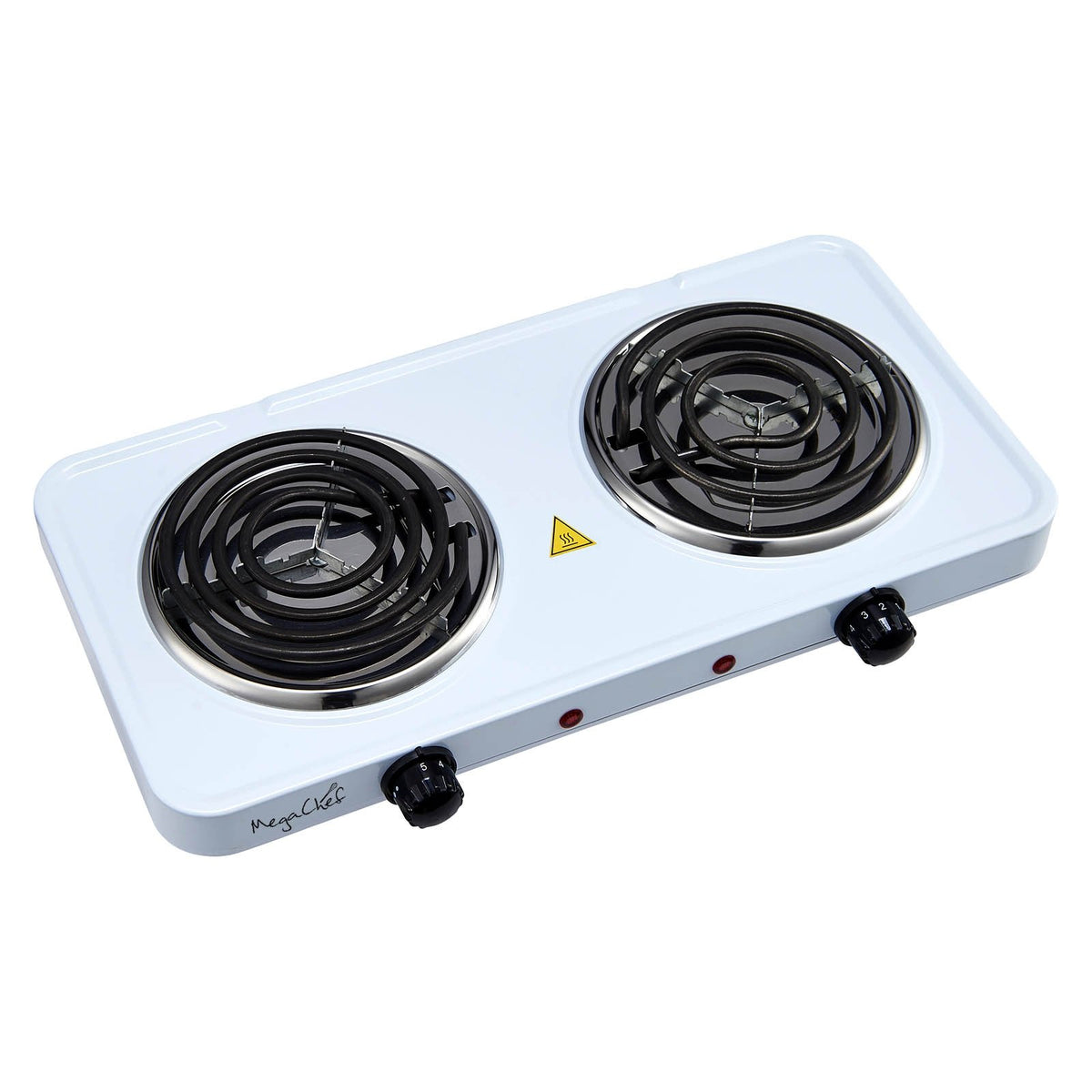 MegaChef MC-2012A-W Portable Dual Coil Cooktop, 1700W, Two 5.5 in Burners, White, Independent Temperature Knobs with Indicator Lights