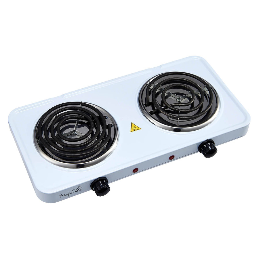 MegaChef MC-2012A-W Portable Dual Coil Cooktop, 1700W, Two 5.5 in Burners, White, Independent Temperature Knobs with Indicator Lights