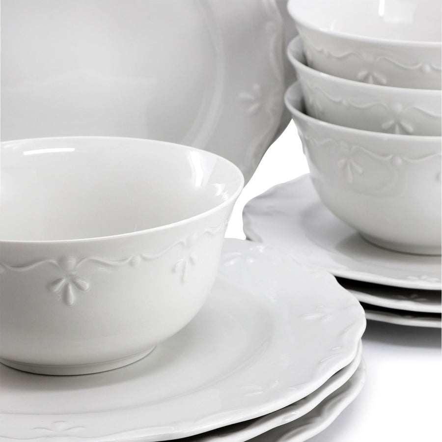 Elama Henryi 18-Piece Embossed White Porcelain Dinnerware Set - Service for 6
