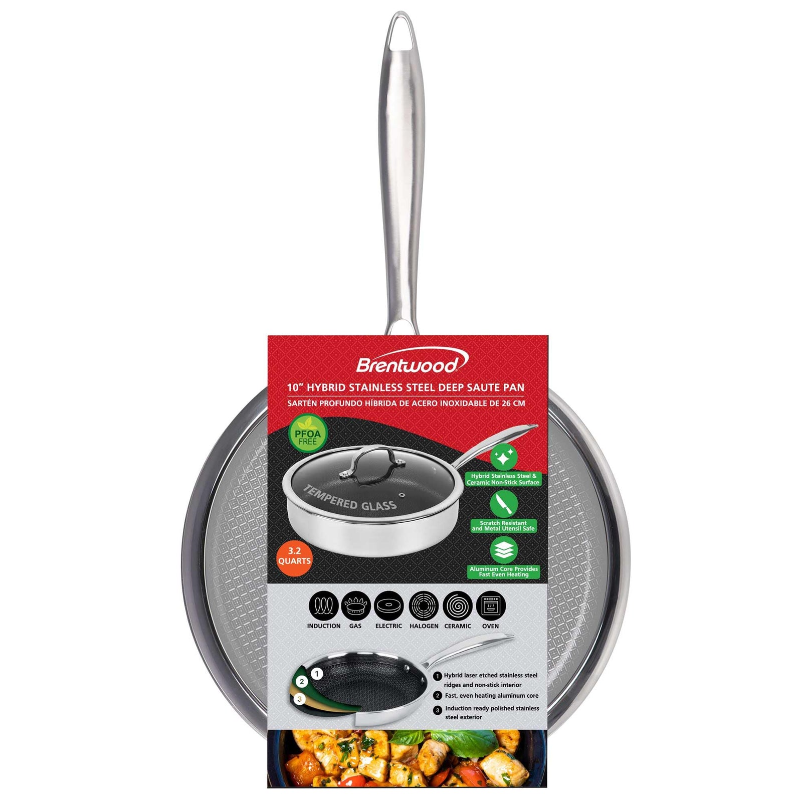 Brentwood B-DSH28L 11 Inch Hybrid Non-Stick Stainless Steel Deep Saute Pan with Glass Lid