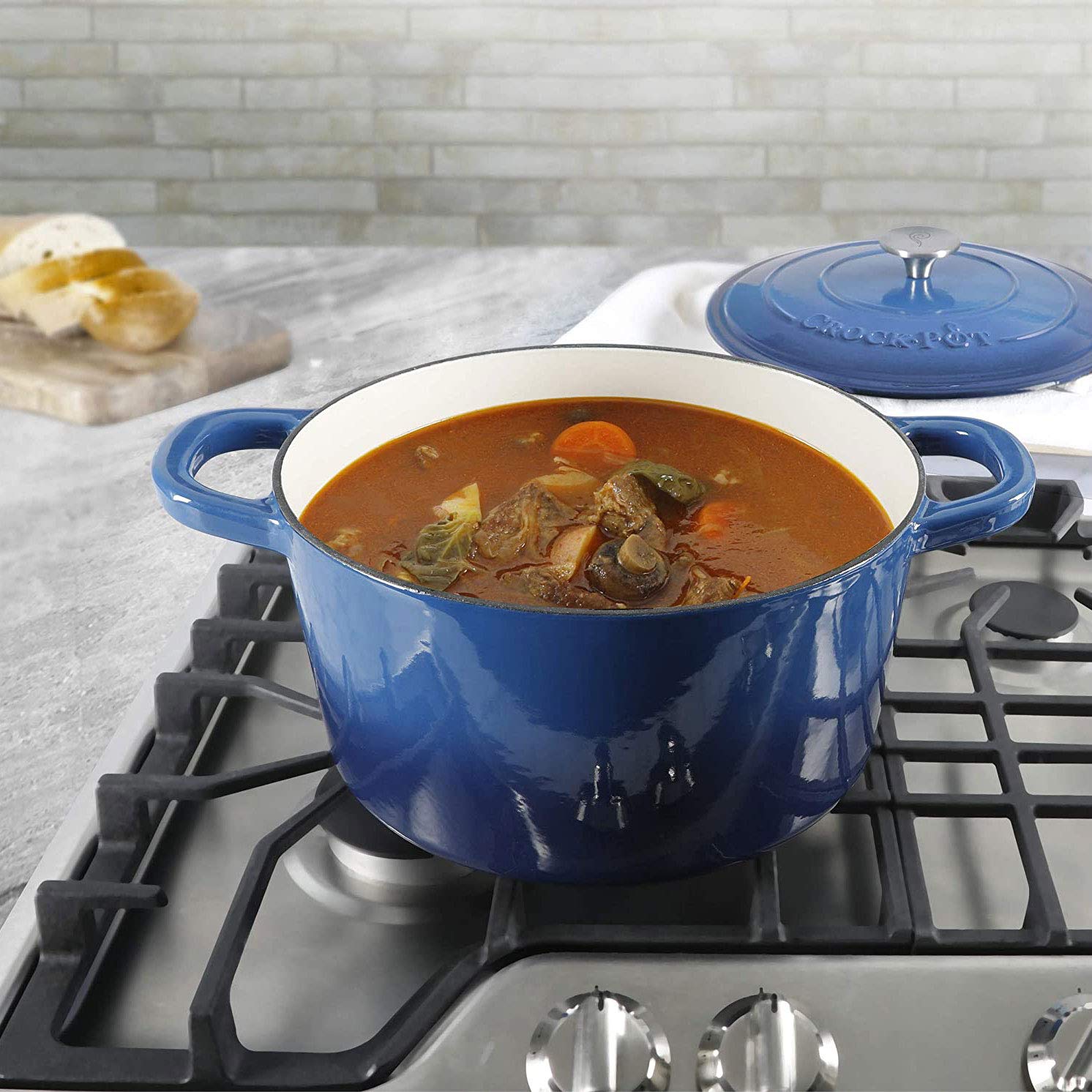 Crock-Pot Artisan 7-Quart Round Enameled Cast Iron Dutch Oven — Sapphire Blue, Self-Basting Lid, Oven-Safe to 500°F, Family-Size Heritage Cookware
