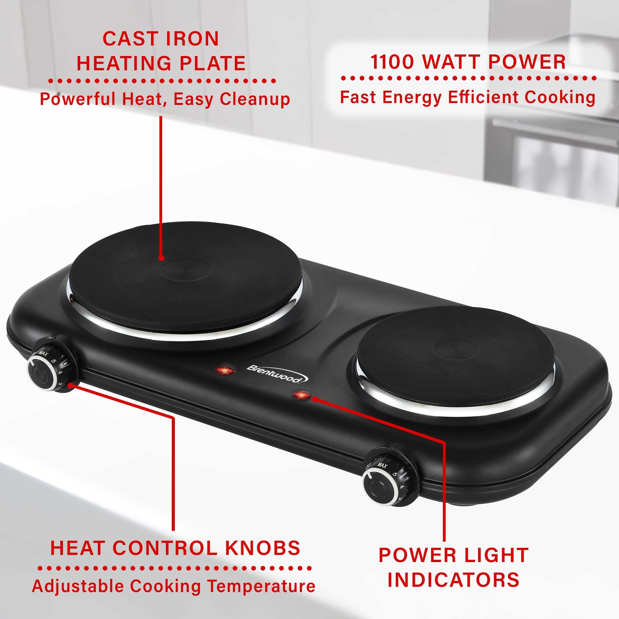 Brentwood TS-332BK 1100W Double Cast Iron Burner Electric Hot Plate with Temperature Control - Black