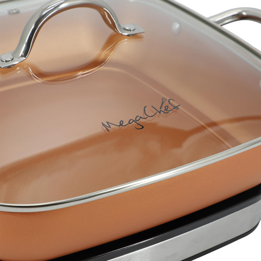MegaChef 11.81-Inch Electric Fry Pan, Copper Non-Stick, Glass Lid