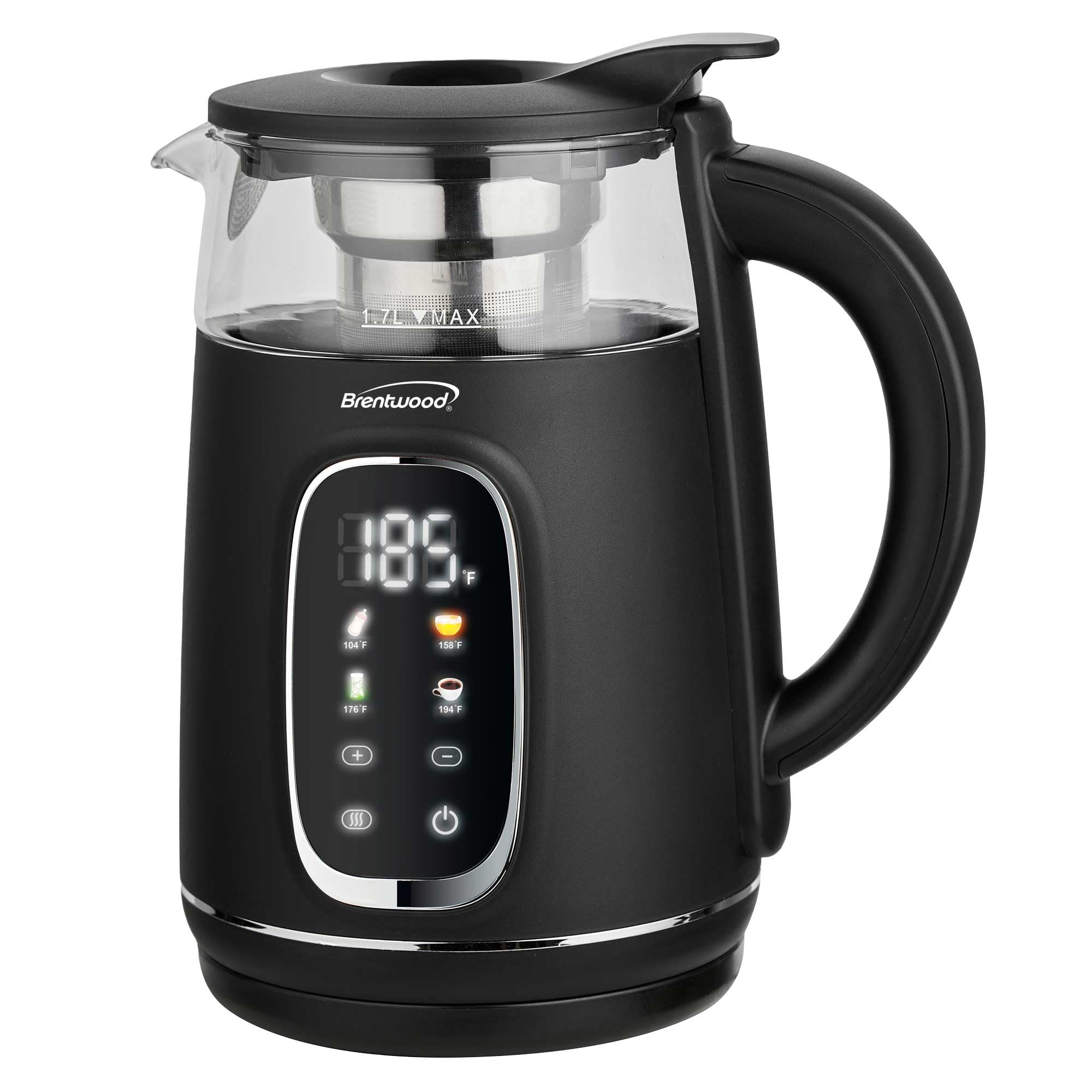 Brentwood KT-2018BK black digital glass electric kettle with stainless tea infuser