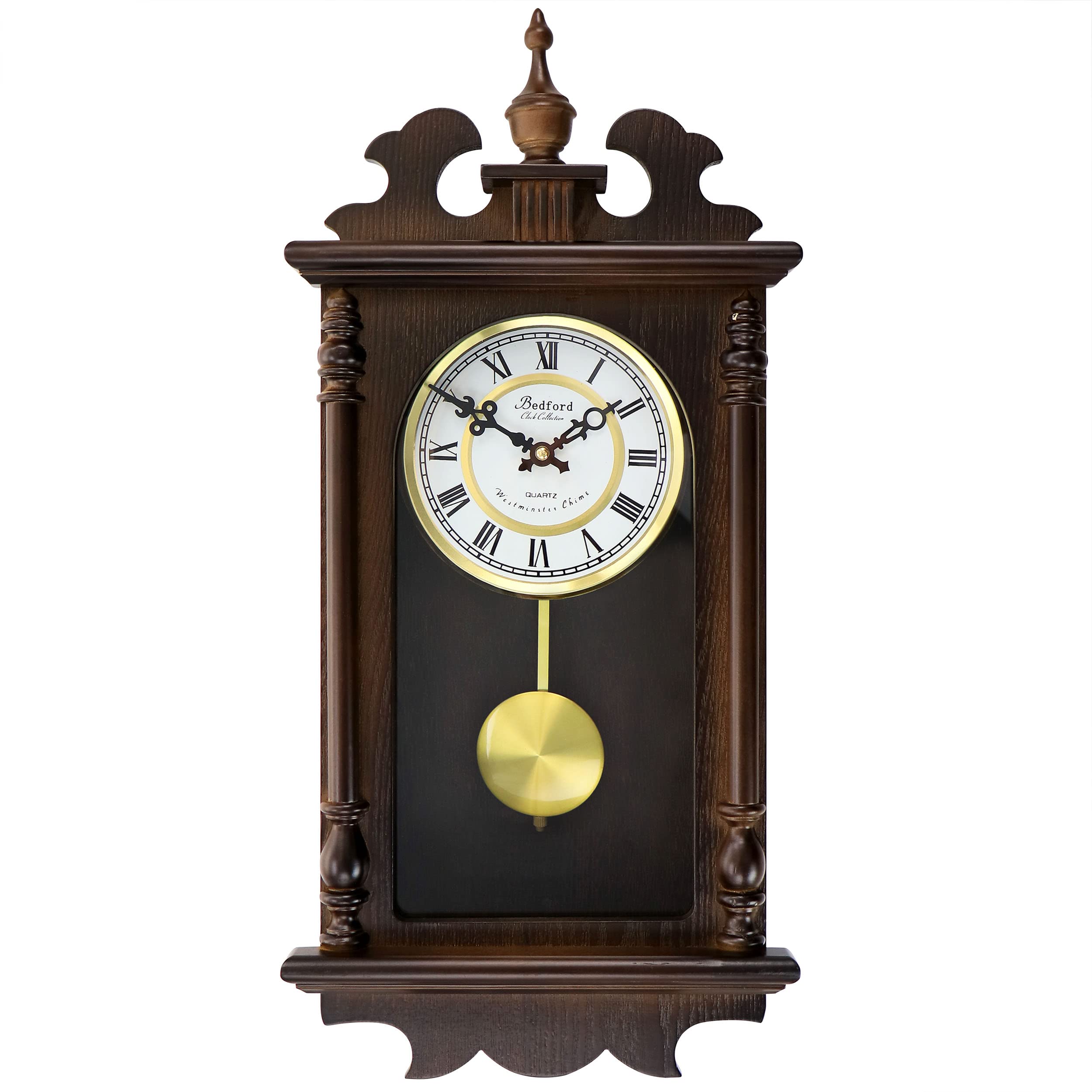 Bedford Clock Collection Leo 21" Chestnut Wood Chiming Pendulum Wall Clock – Quartz Westminster Chimes with Swinging Pendulum & Roman Numeral Dial