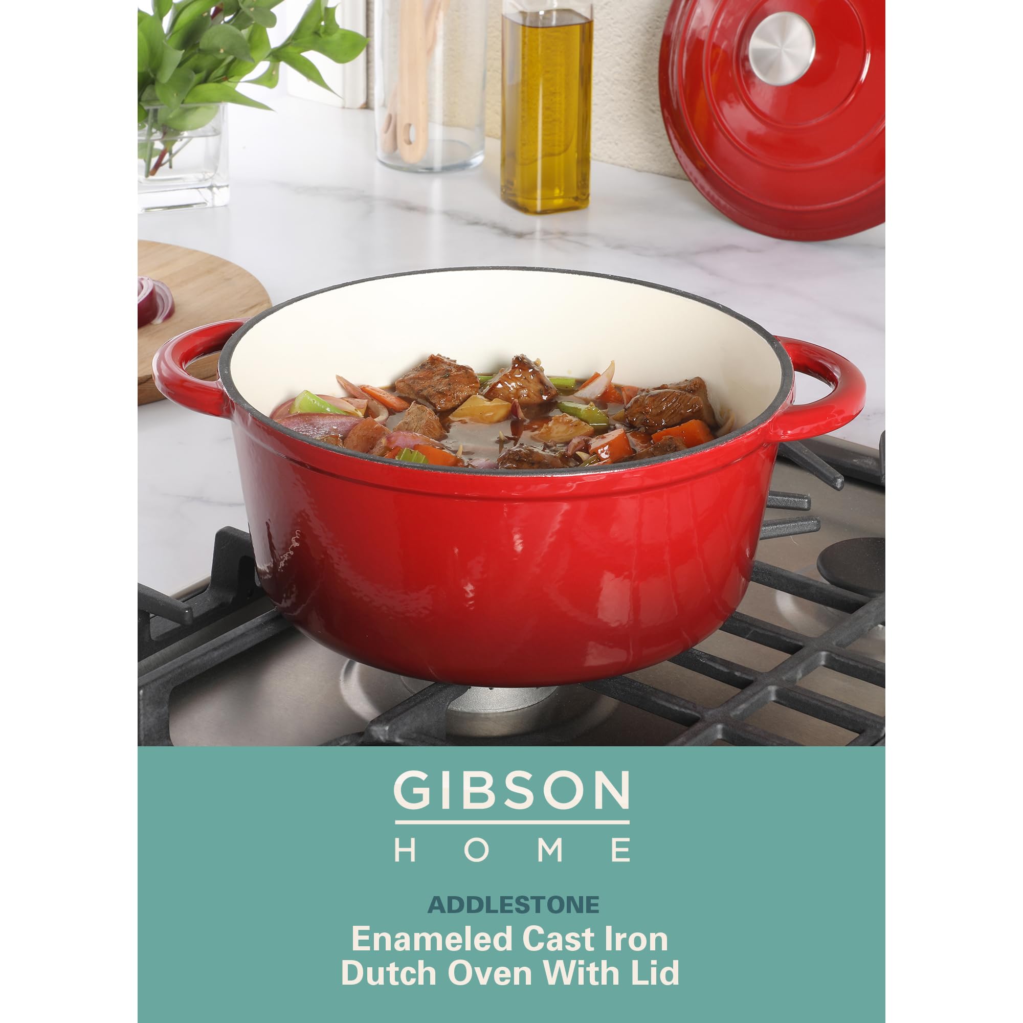 Gibson Home Addlestone 5-Quart Red Enameled Cast Iron Dutch Oven with Lid & Dual Handles – Oven Safe to 500°F, All-Stovetop Compatible, Self-Basting Lid
