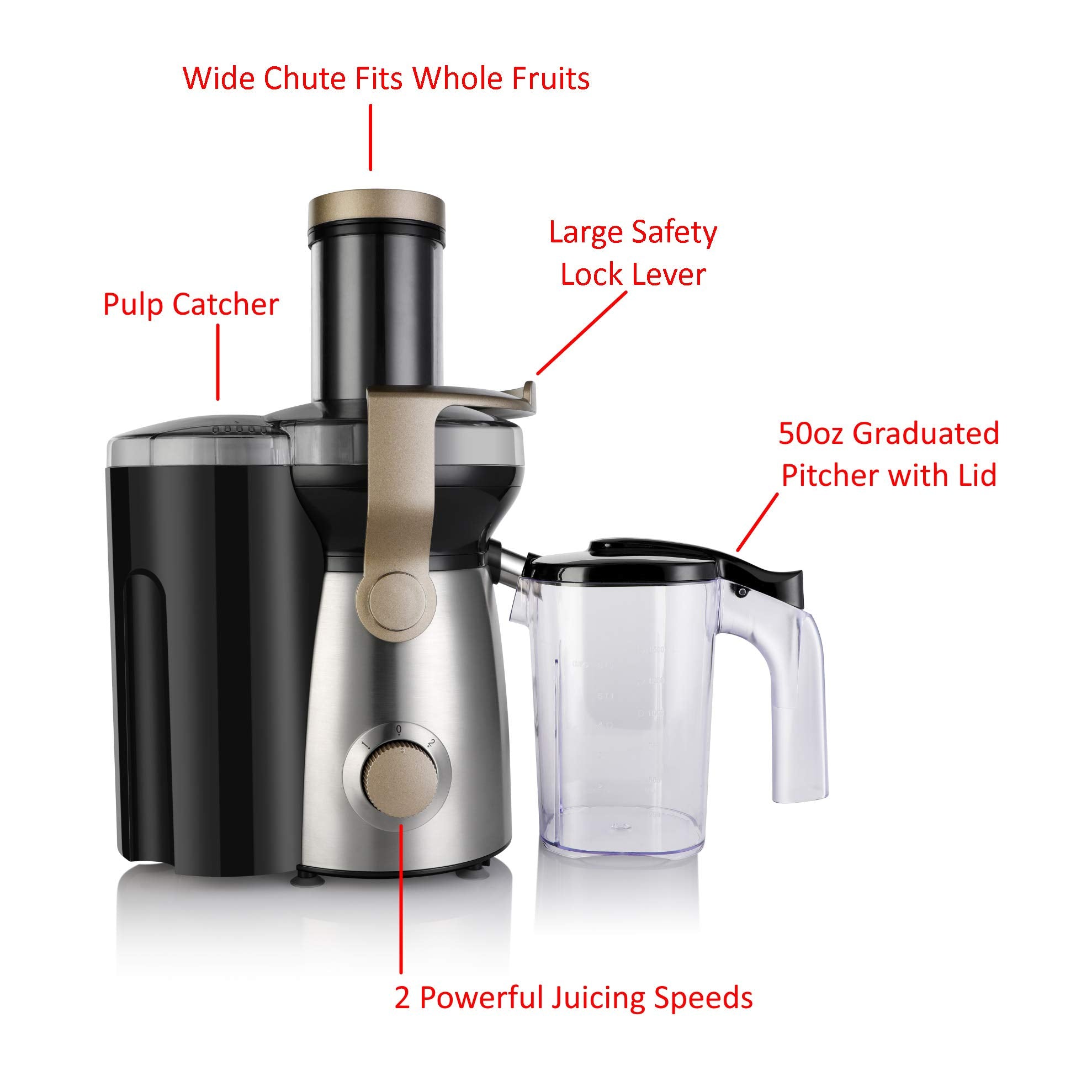 Brentwood Select JC-1000 1000W 2-Speed Centrifugal Juice Extractor - Stainless Steel, 3-Inch Feed Chute with 50 oz Graduated Jar