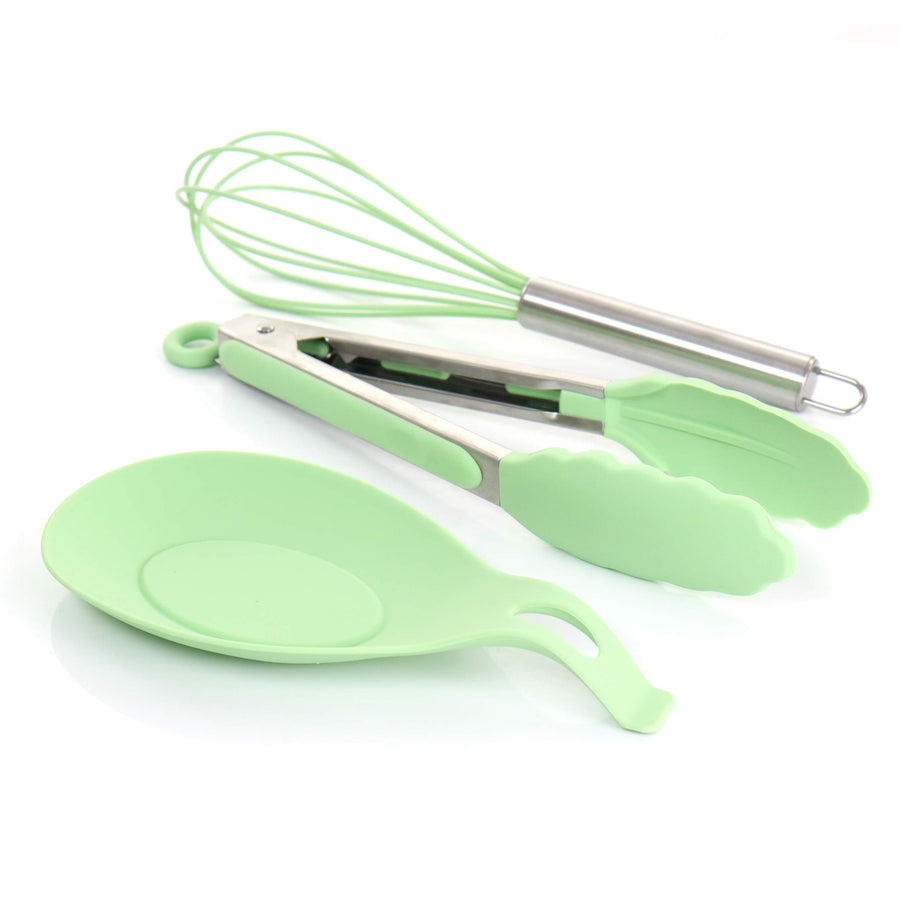 Mint green silicone whisk, tongs and spoon rest