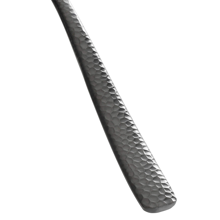 Close up of the hammered handle on Stonehenge black flatware