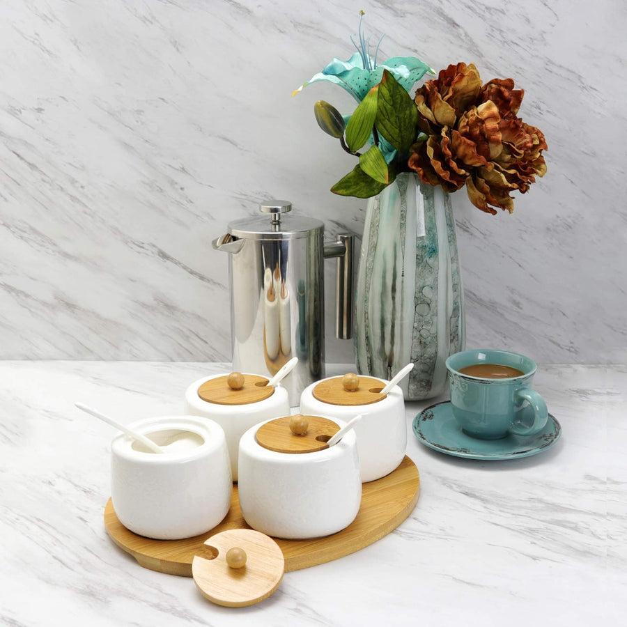 Elama Ceramic Spice, Jam & Salsa Jars with Bamboo Lids, Serving Spoons & Tray