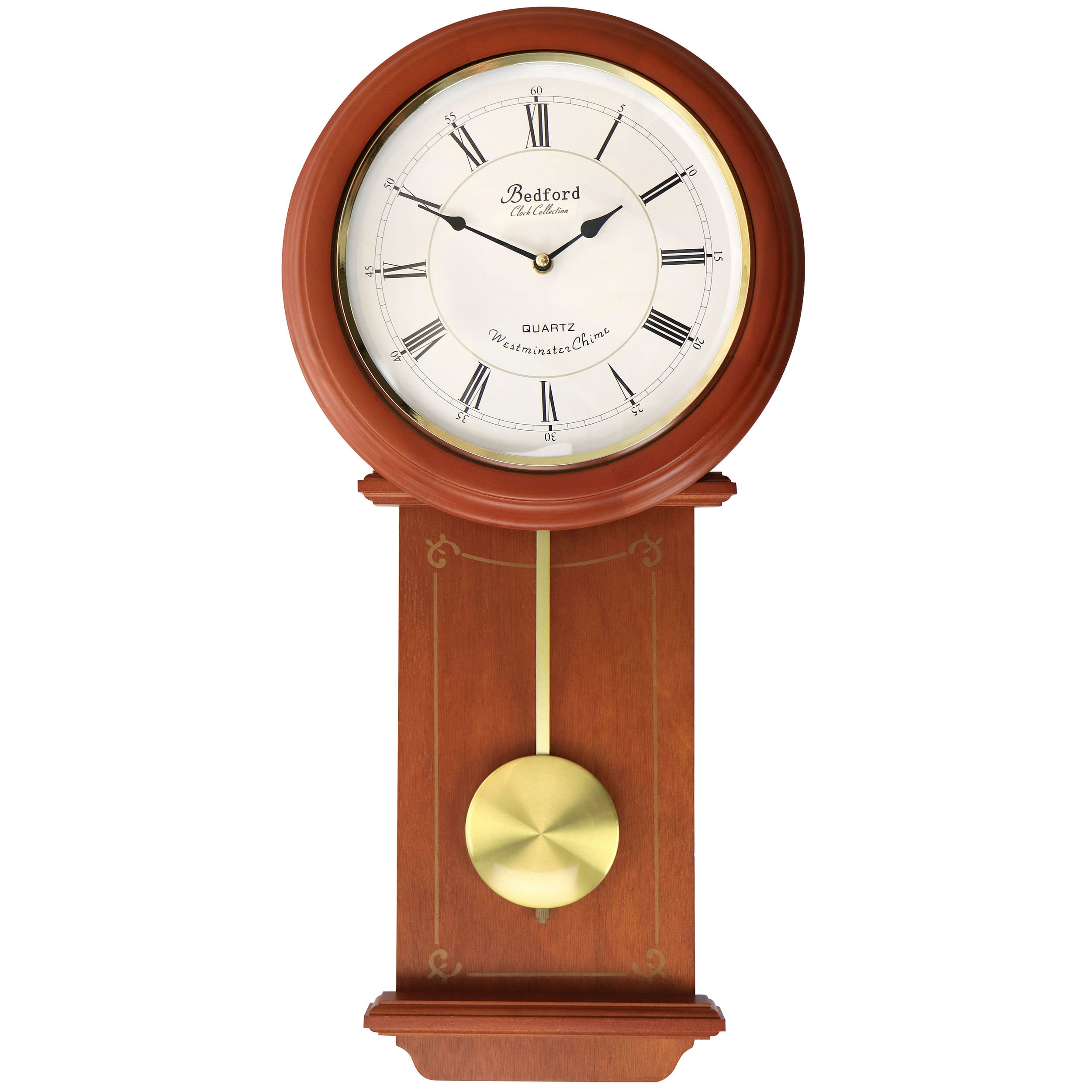 Bedford Clock Collection Olivia 24.5" Cherry Wood Chiming Pendulum Wall Clock — Quartz Westminster Heirloom Wall Clock for Living Room, Dining Room & Foyer