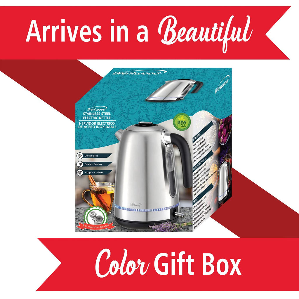 Brentwood KT-1792S 1500W Stainless Steel 1.7L Cordless Electric Kettle - Silver