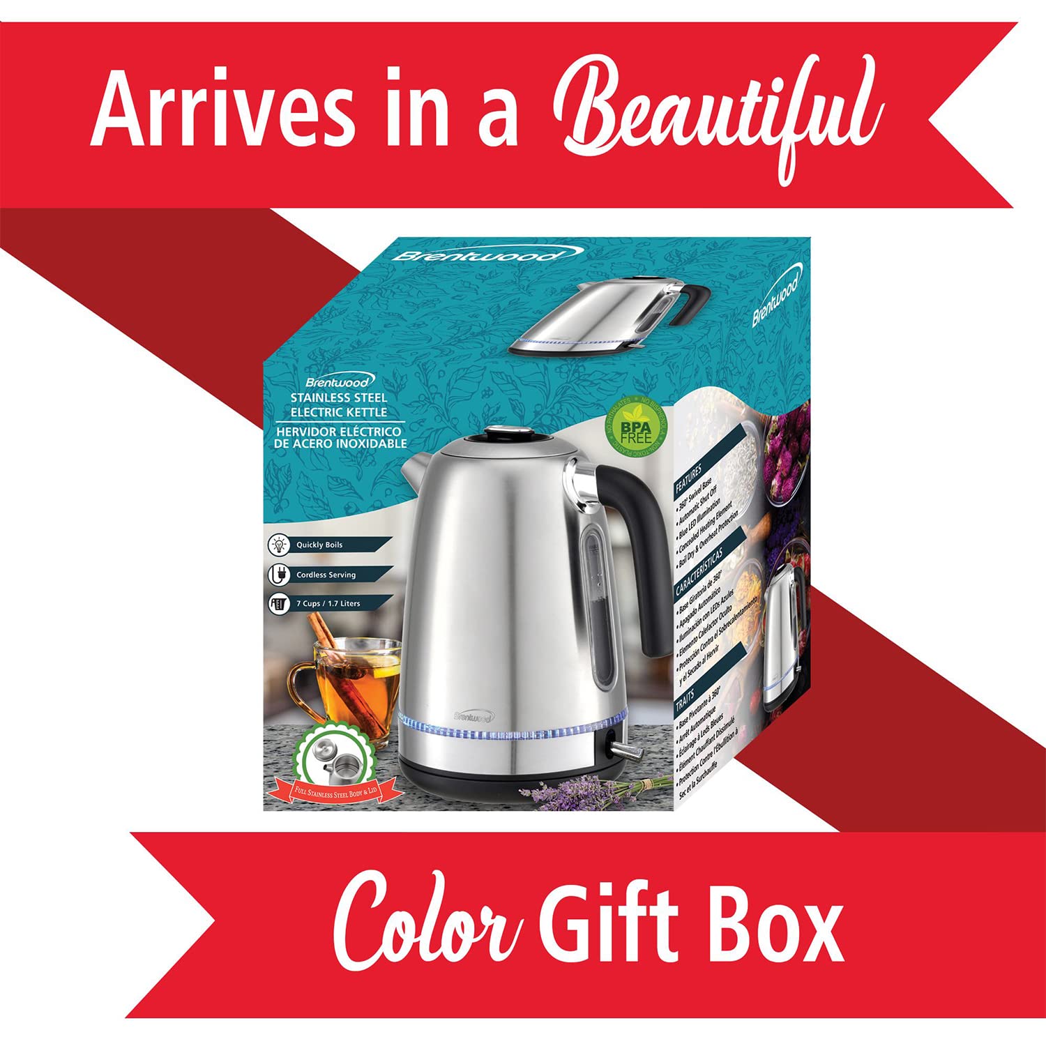 Brentwood KT-1792S 1500W Stainless Steel 1.7L Cordless Electric Kettle - Silver