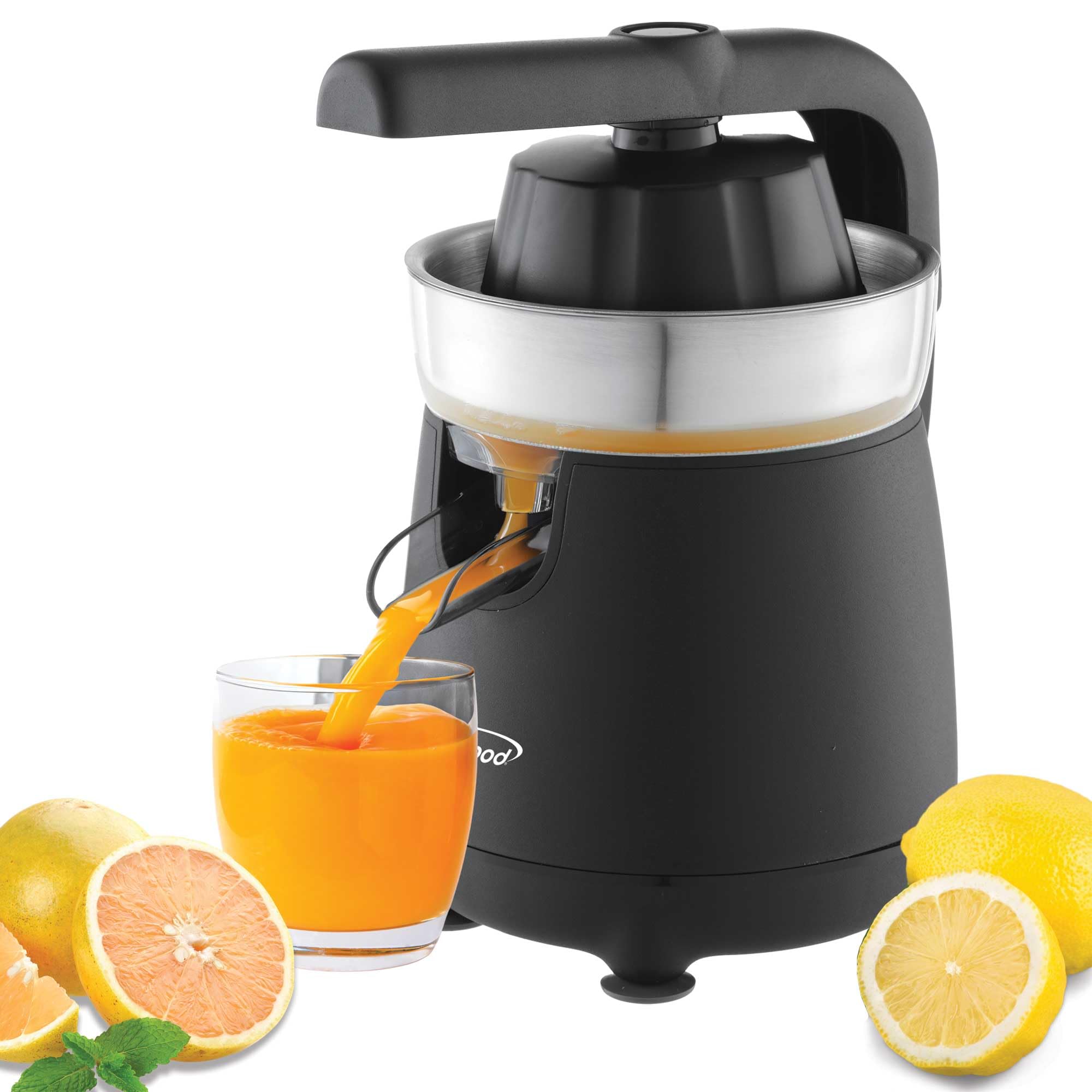 Brentwood J-26BK 80-watt black electric citrus juicer with two cones and lockable spout