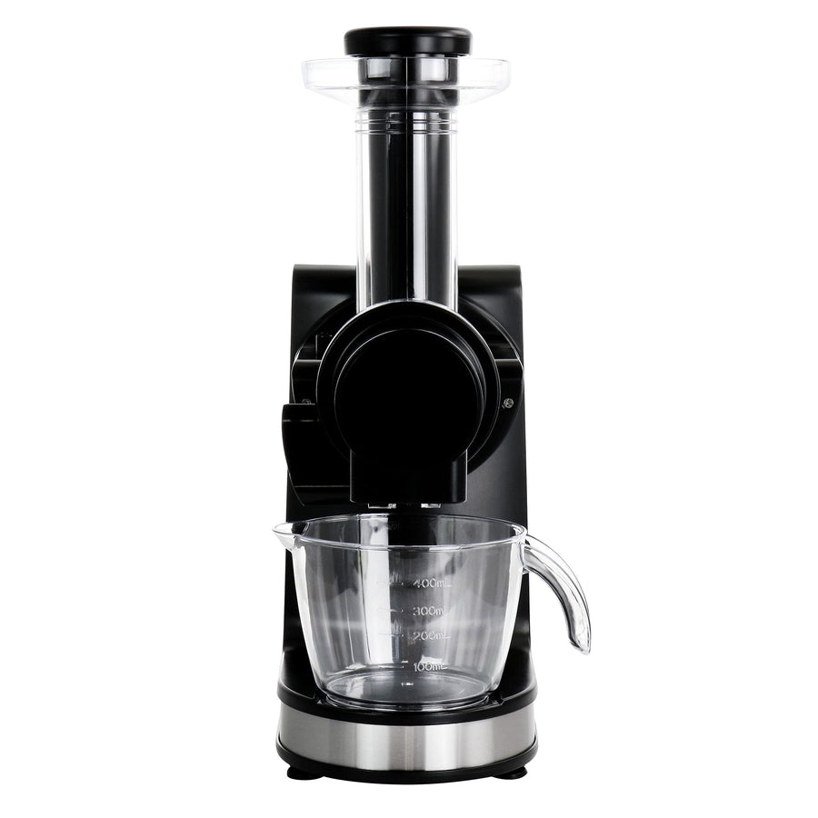 Front view of the MegaChef slow juicer with feed chute and clear juice cup marked 100 to 400 mL