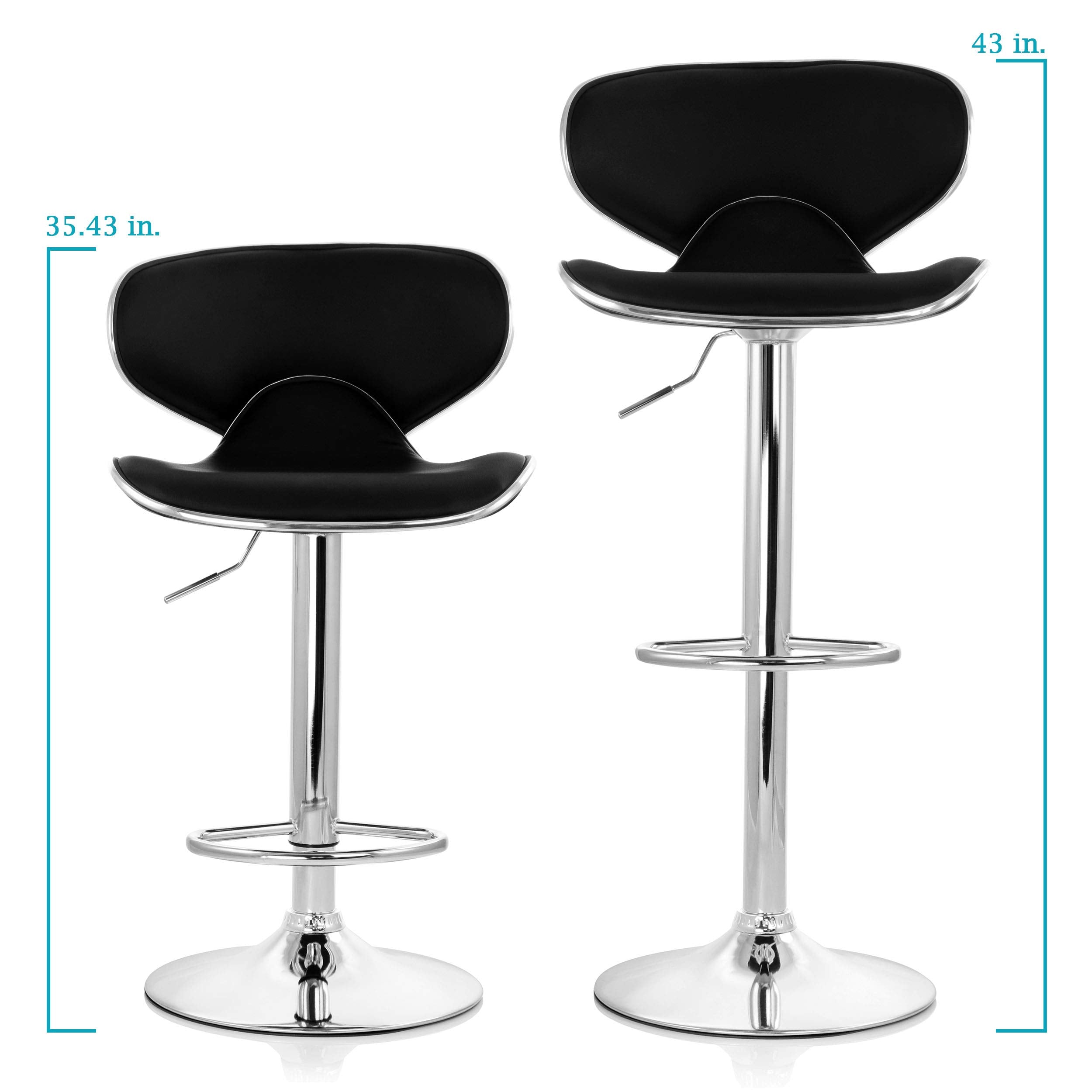 Elama Modern Slim Faux Leather Adjustable Bar Stool Set of 2 – Black with Chrome Swivel Base, Slanted Arm Rests, Contoured Back & 360° Counter / Bar Height Lift