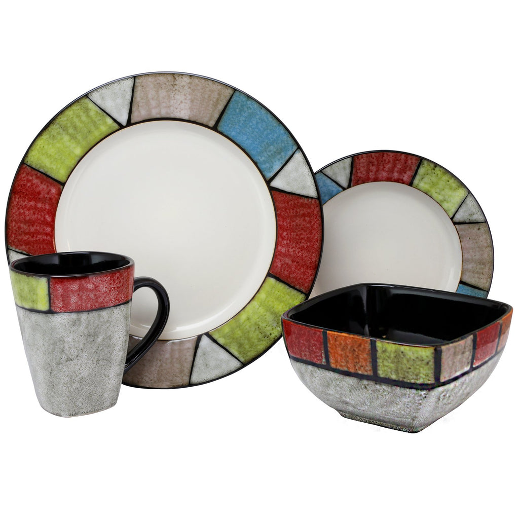 Elama Country Cottage 16-Piece Stoneware Dinnerware Set – Service for 4 with Colorful Trim Plates & Bowls, Microwave & Dishwasher Safe
