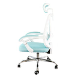 Elama blue reclining mesh office chair, side profile showing the white frame, padded arm and adjustable headrest