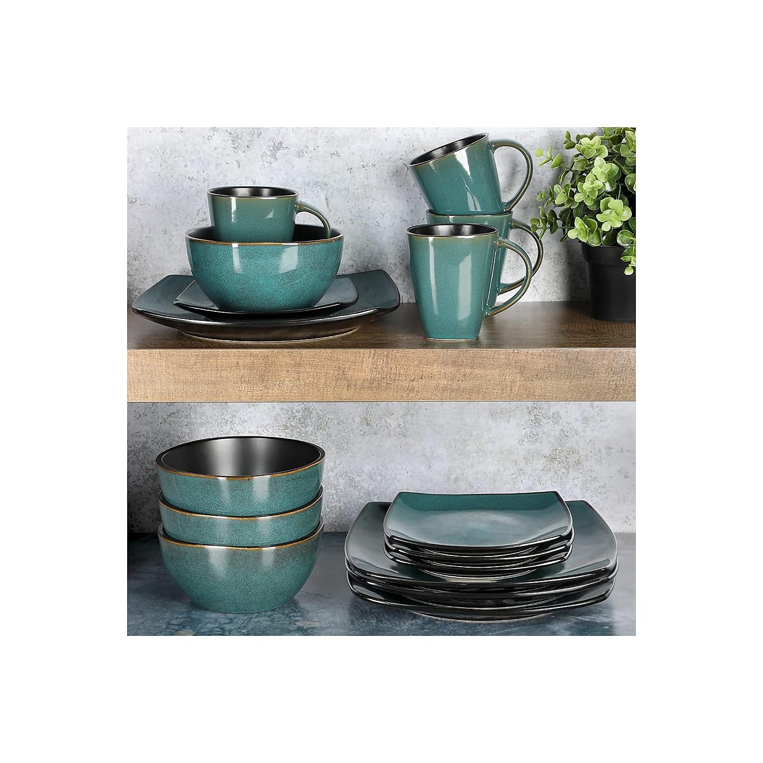 Gibson Elite Soho Lounge 16-Piece Dinnerware Set – Modern Teal Reactive Glaze Stoneware, Service for 4