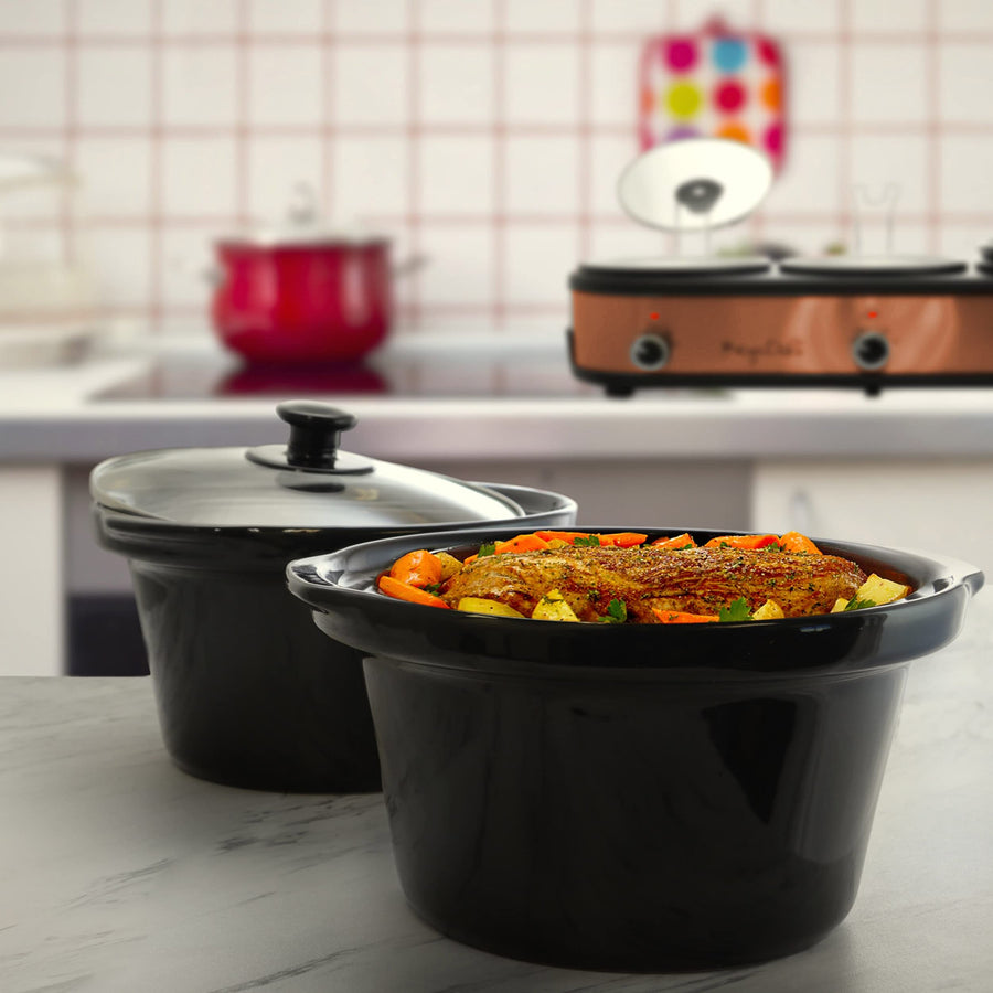 MegaChef Triple 2.5 Quart Slow Cooker and Buffet Server in Brushed Copper and Black