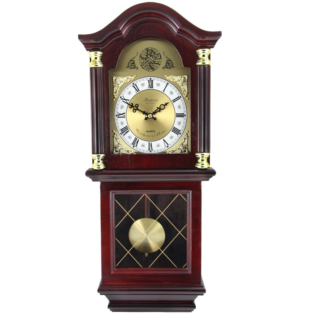 Bedford Clock Collection 26" Antique Mahogany Cherry Oak Chiming Wall Clock – Quartz Movement with Swinging Pendulum & Roman Numeral Dial