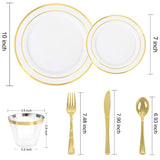 Elama 150-Piece Disposable Plastic Dinnerware Party Set for 25 Guests, White with Gold Trim, Plates Cups & Cutlery