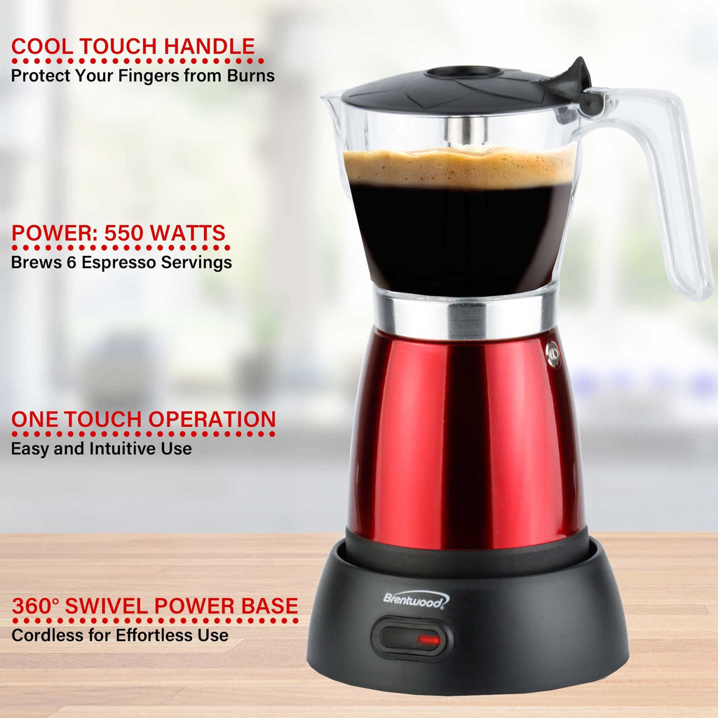 Brentwood TS-119R Cordless Electric Moka Pot Espresso Maker - Red, 550W, Brews 3 to 6 Servings