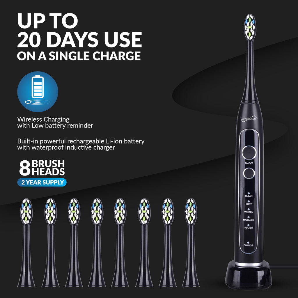 SuperSonic Sonic Zoom Advance Rechargeable Sonic Toothbrush – Black, 40,000 VPM with 5 Modes, 8 Brush Heads & Travel Case