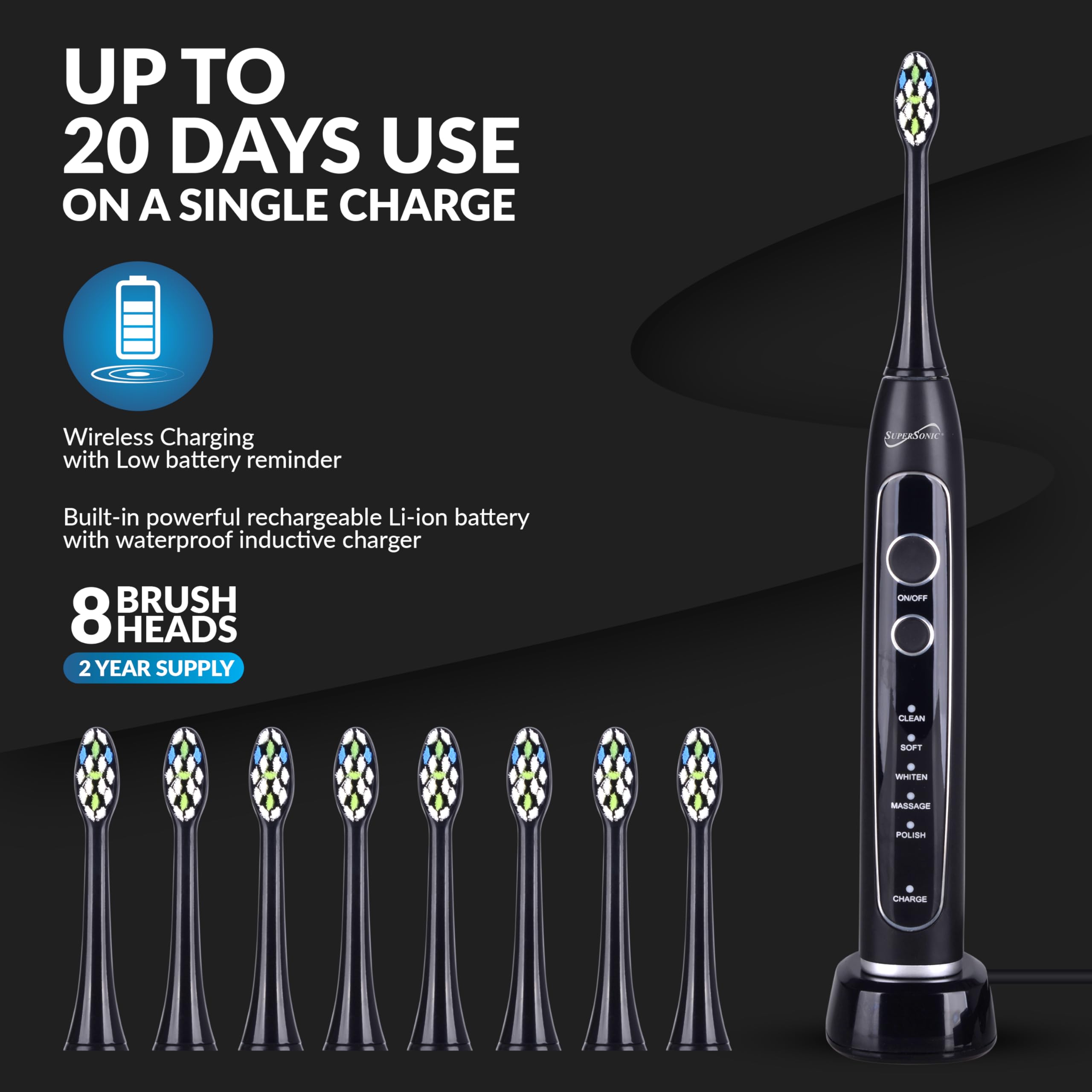 SuperSonic Sonic Zoom Advance Rechargeable Sonic Toothbrush – Black, 40,000 VPM with 5 Modes, 8 Brush Heads & Travel Case