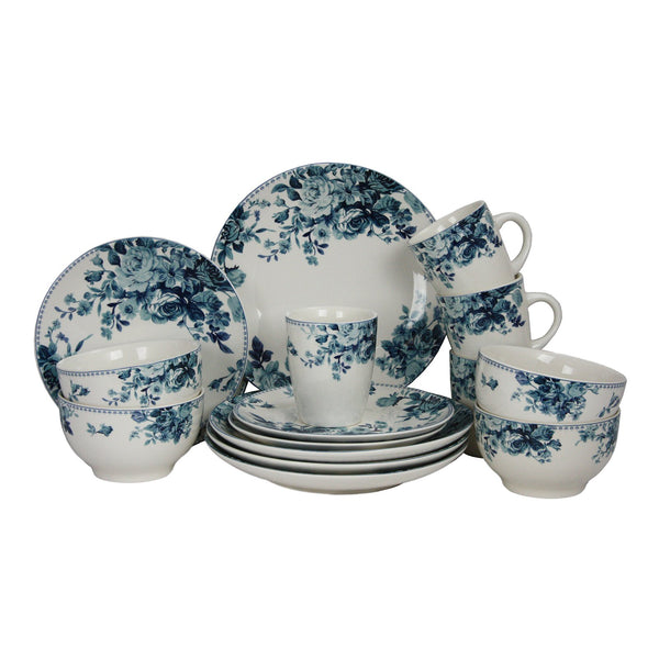 Elama Traditional Blue Rose 16 Piece Stoneware Dinnerware Set, Service for 4