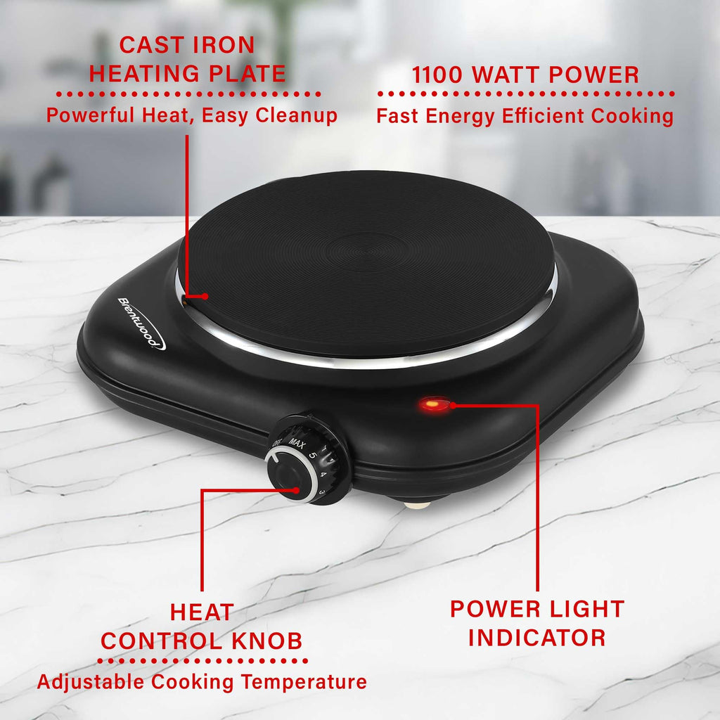 Brentwood TS-331BK 1100W Single Cast Iron Burner Hot Plate - Black, 6.5-Inch Plate with Temperature Control, Works with Any Cookware