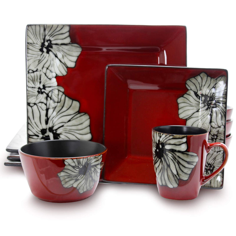Elama Winter Bloom 16-Piece Red Square Stoneware Dinnerware Set - Service for 4