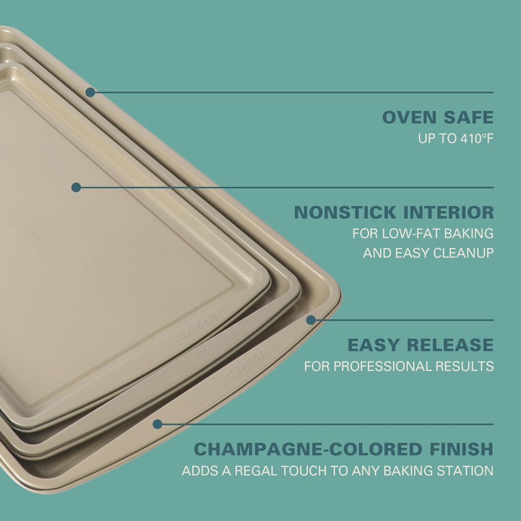 Gibson Home Lyneham 3-Piece Carbon Steel Nonstick Cookie Sheet Set – Champagne Gold, Warp-Resistant, Oven Safe to 410 Degrees