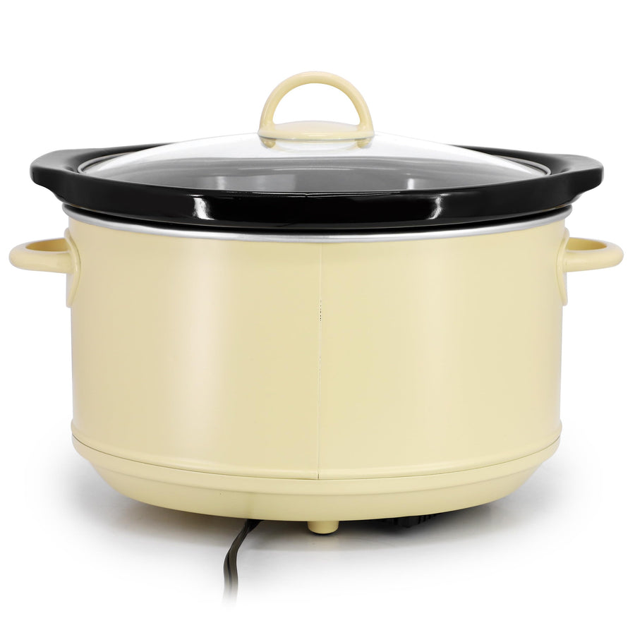 Side view of the ivory 3.7 quart slow cooker with glass lid and side handles
