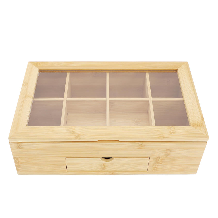 Elama Bamboo Tea Box Organizer with Acrylic Window & Drawer, 8 Compartments, 13 x 8 in.