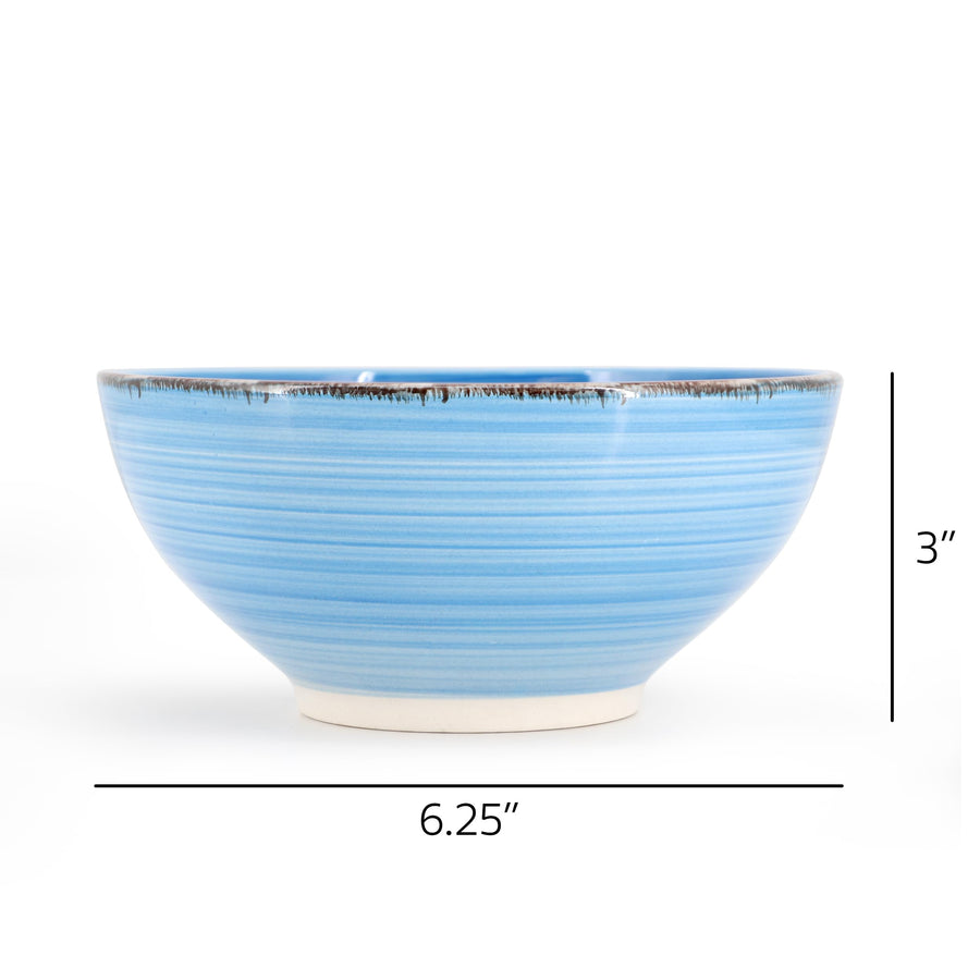 Elama Blue Ridge 6-Piece 6.25 in Round Stoneware Bowl Set, Assorted Blue and Teal, 20 oz, Striped Ridge Design, Microwave and Dishwasher Safe