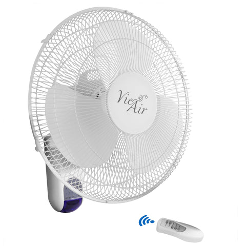 Vie Air VA-16W 16 Inch Plastic Wall Fan with Remote Control, White, 3-Speed Oscillating
