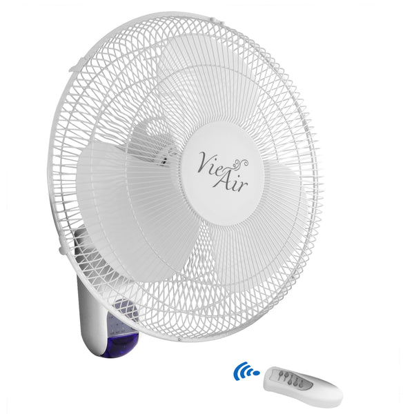 Vie Air VA-16W 16 Inch Plastic Wall Fan with Remote Control, White, 3-Speed Oscillating
